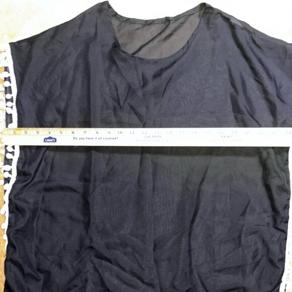 Women Medium Black Sheer Chiffon White Pom Tassle Swim‎ Coverup (Q) - Picture 5 of 5